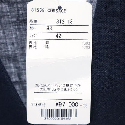 Italian Linen 3/4 Sleeve V-Neck Midi Dress Navy Size 42