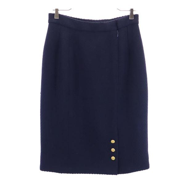 CHANEL French Wool Back Zip Midi Skirt Navy Size 40