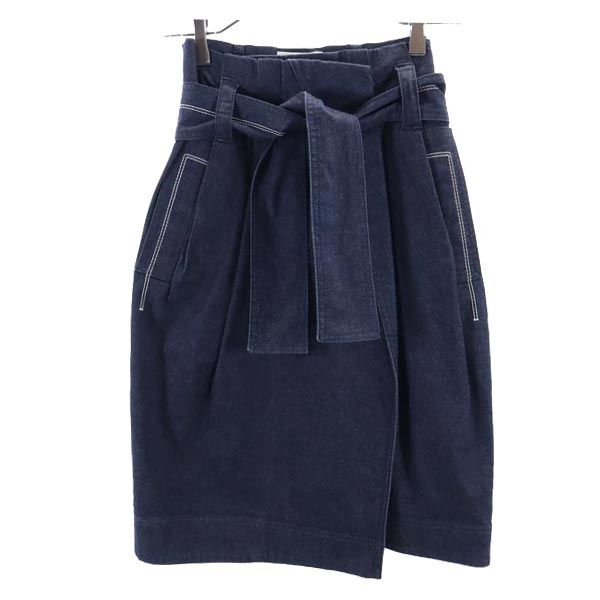 CELINE Logo Embroidered Wrap Denim Midi Skirt Navy Size 38