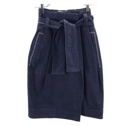 CELINE Logo Embroidered Wrap Denim Midi Skirt Navy Size 38