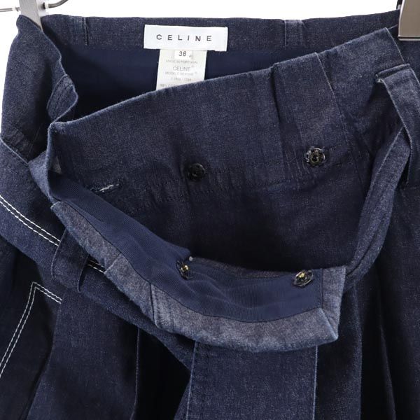 CELINE Logo Embroidered Wrap Denim Midi Skirt Navy Size 38