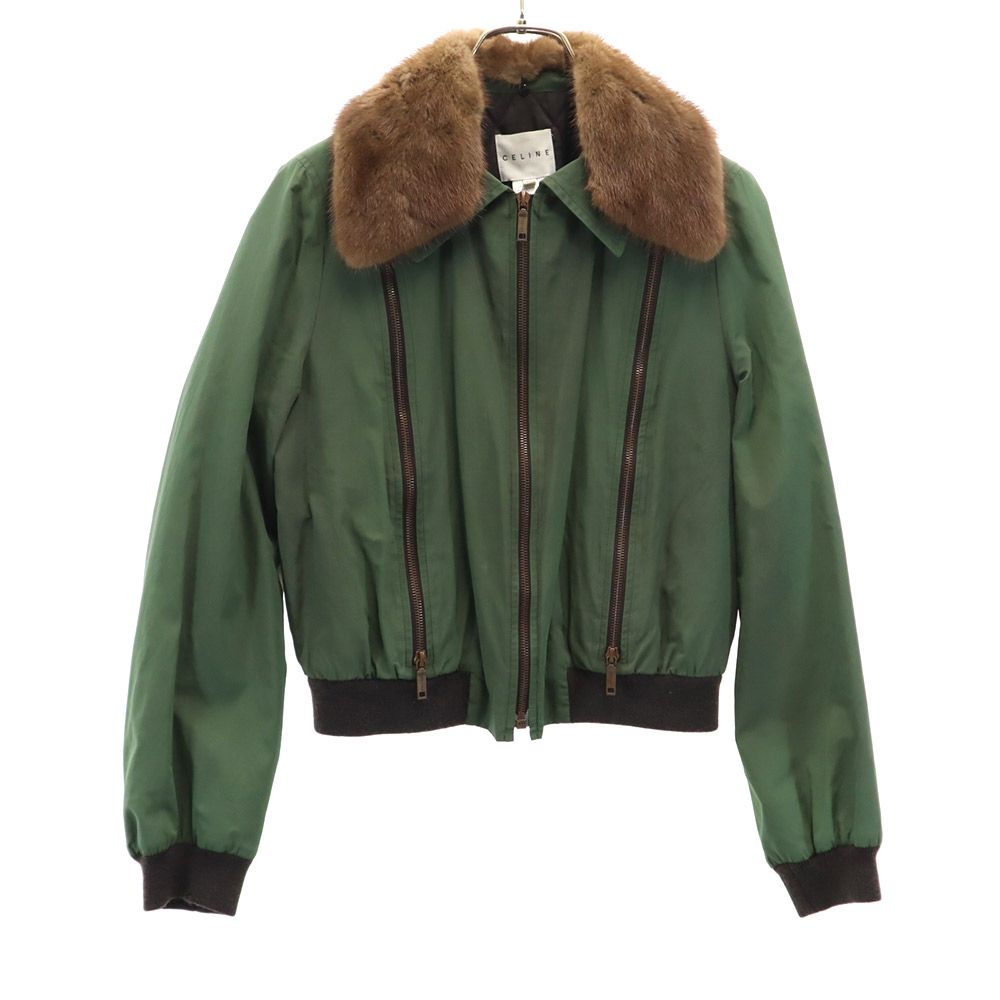 CELINE Mink Fur Collar Padded Jacket Green Size 38