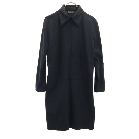 GUCCI Italian Long Sleeve Half-Zip Wool Dress Black Size 42