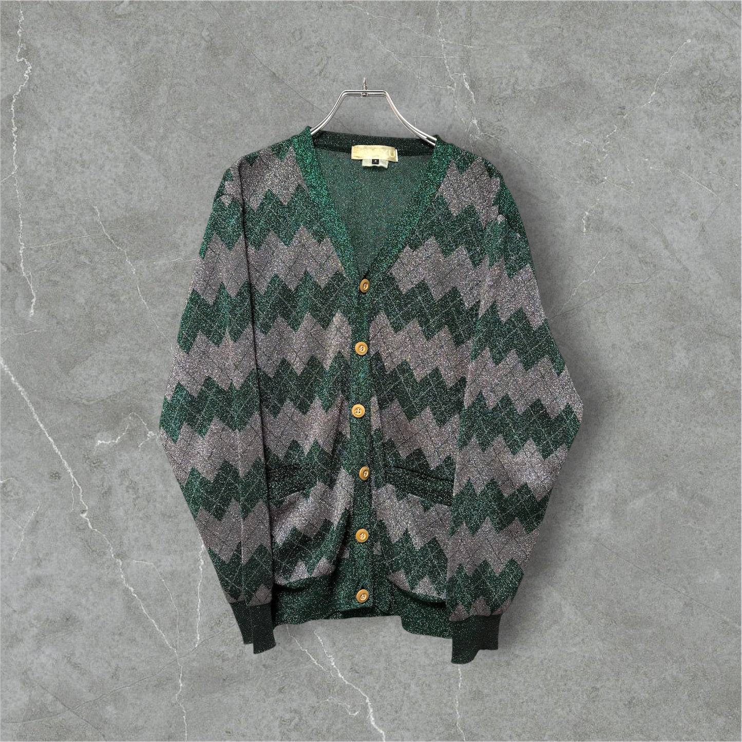 GANRYU 2012 Shiny Fabric Argyle Cardigan Green Size S