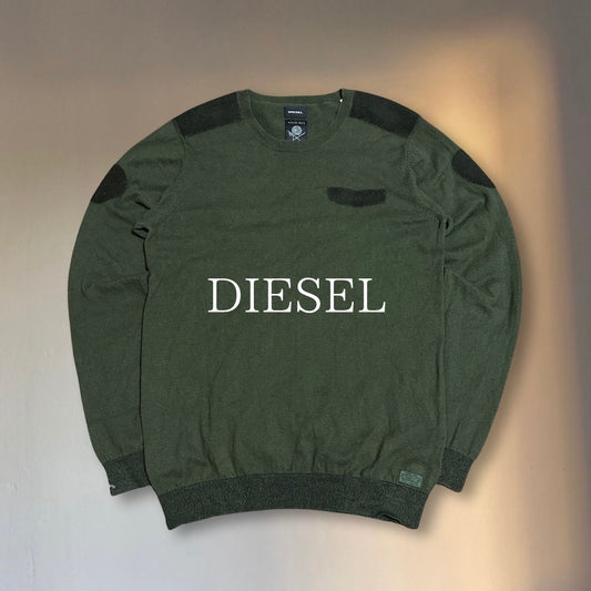 DIESEL Olive Green Cotton Panel Knit Sweater