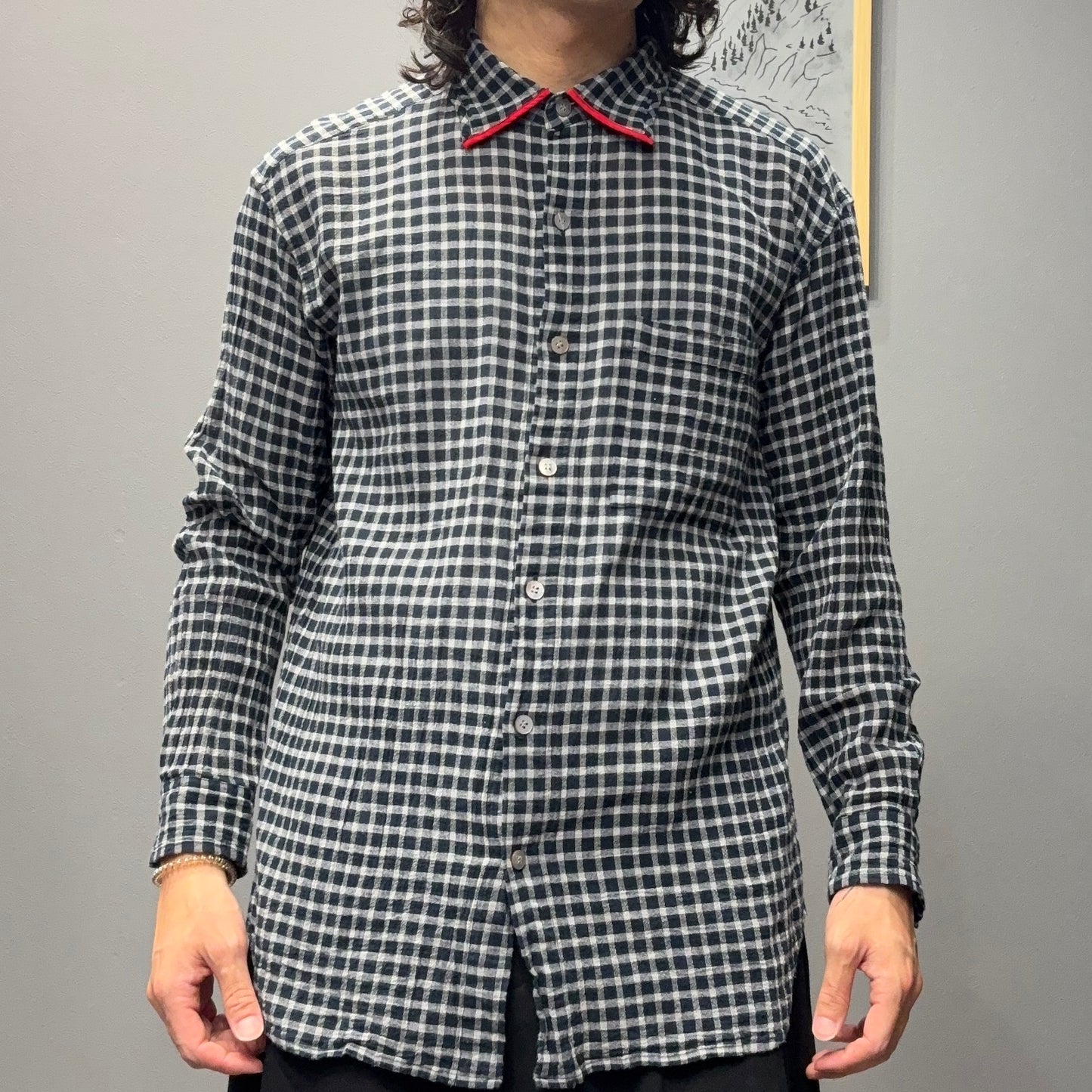Plantation 95SS Navy Crinkled Plaid Shirt Size M