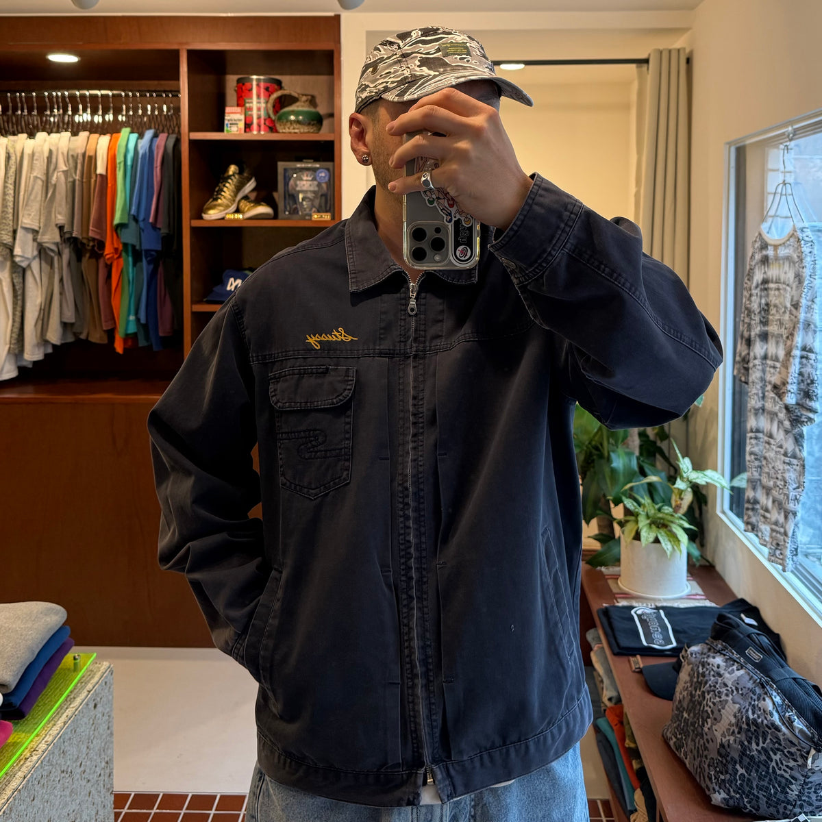 STUSSY 00s USA Made Faded Cotton Work Jacket Navy Size XL