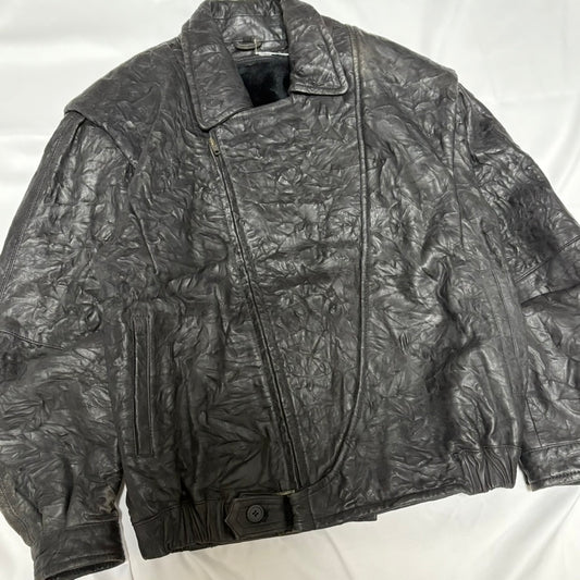 Black Wrinkled Diagonal Zip Leather Jacket Free Size