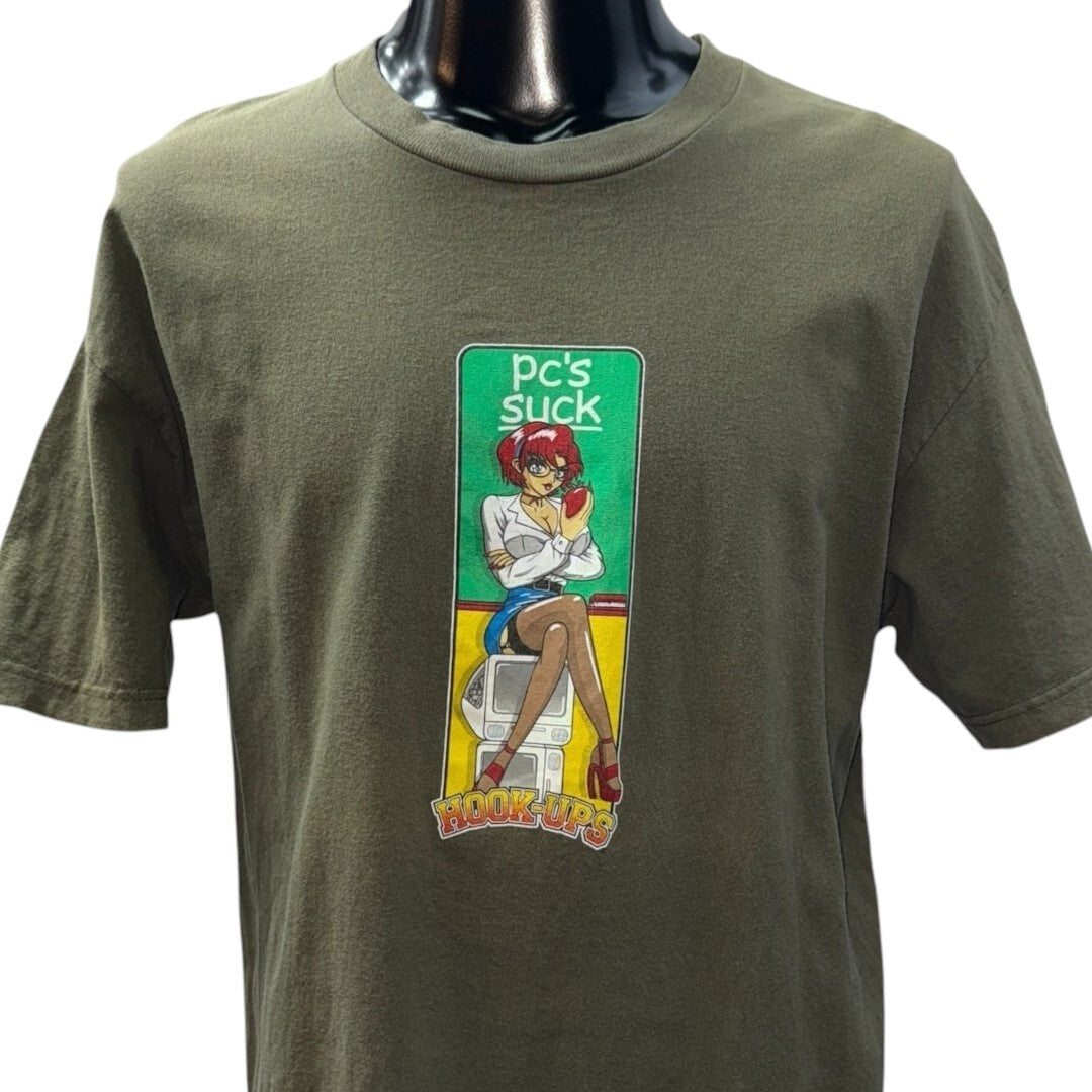 HOOK-UPS Vintage "PC's SUCK" Anime Girl T-shirt Size L