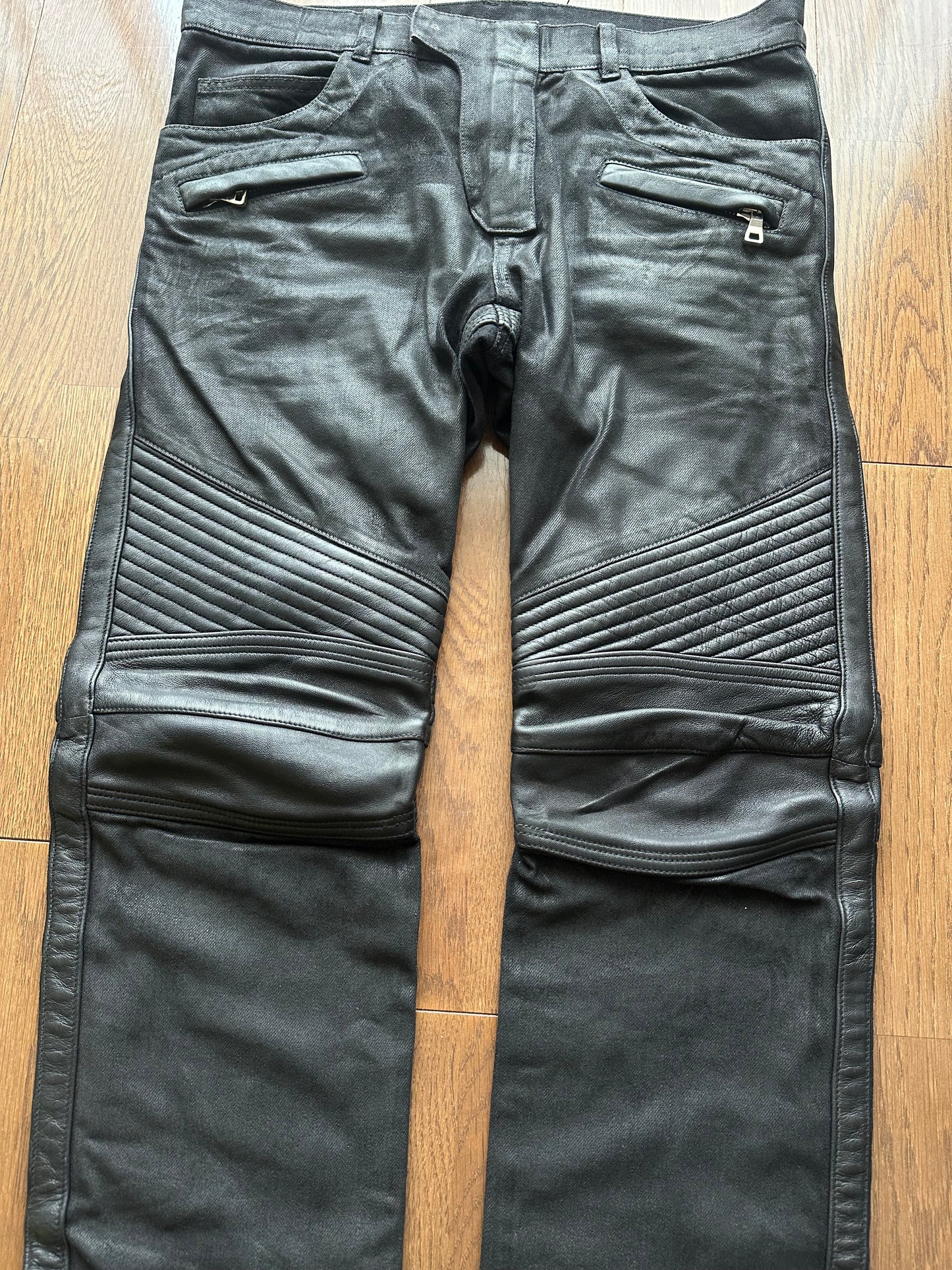 Balmain Black Coated Leather Paneled Biker Jeans