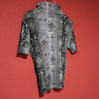 Vintage Gray Pleated Paisley Print High Neck T-Shirt Size 3