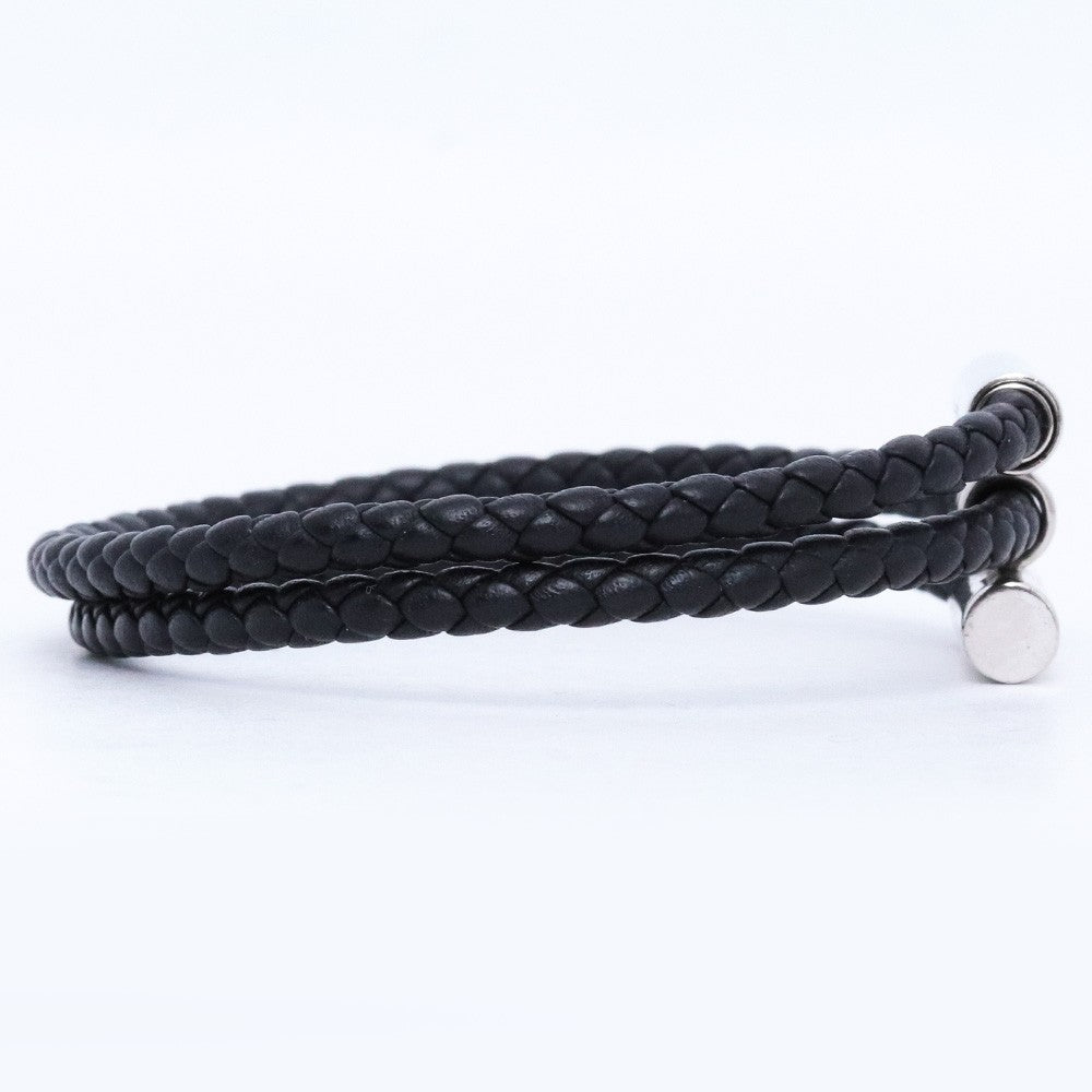 HERMES Tournis Tresse Leather Bracelet Black Size F