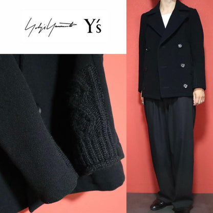 Y's 14AW Cable Knit Docking Melton Wool Peacoat Size 1