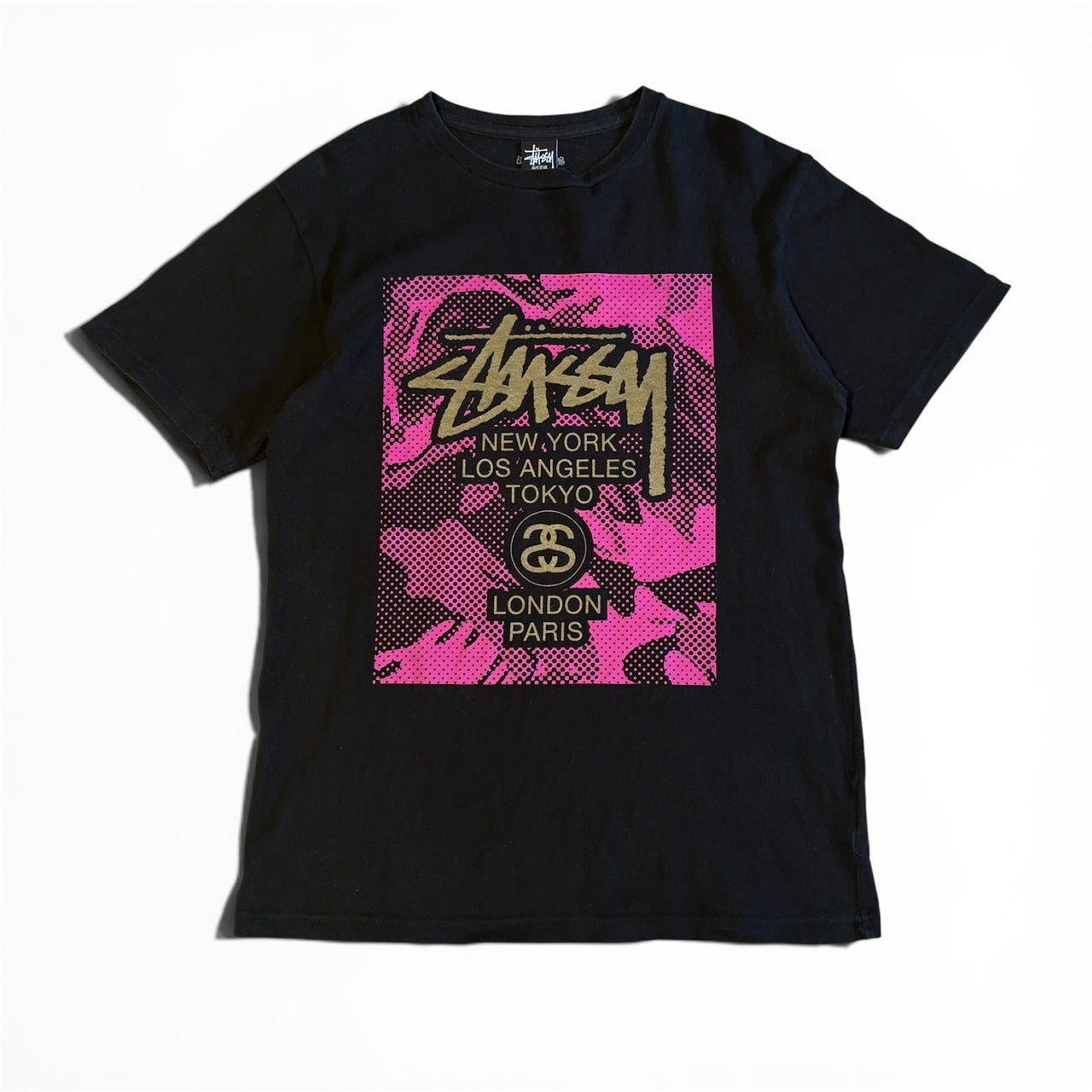 Vintage Stussy Yokohama T-Shirt Black Pink Gold Size MEDIUM