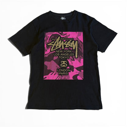 Vintage Stussy Yokohama T-Shirt Black Pink Gold Size MEDIUM