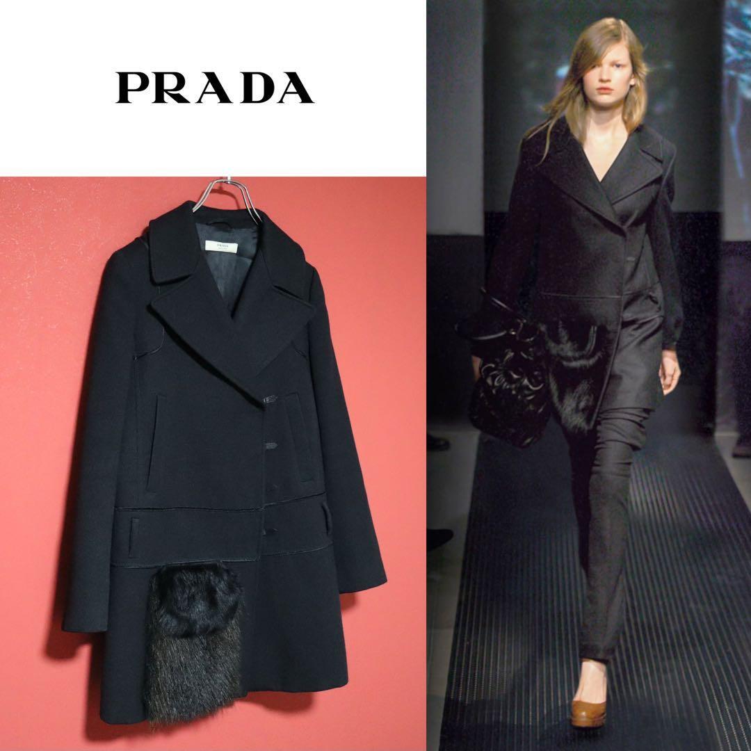 Prada 06AW Asymmetrical Raccoon Fur Pocket Wool Coat Size 40