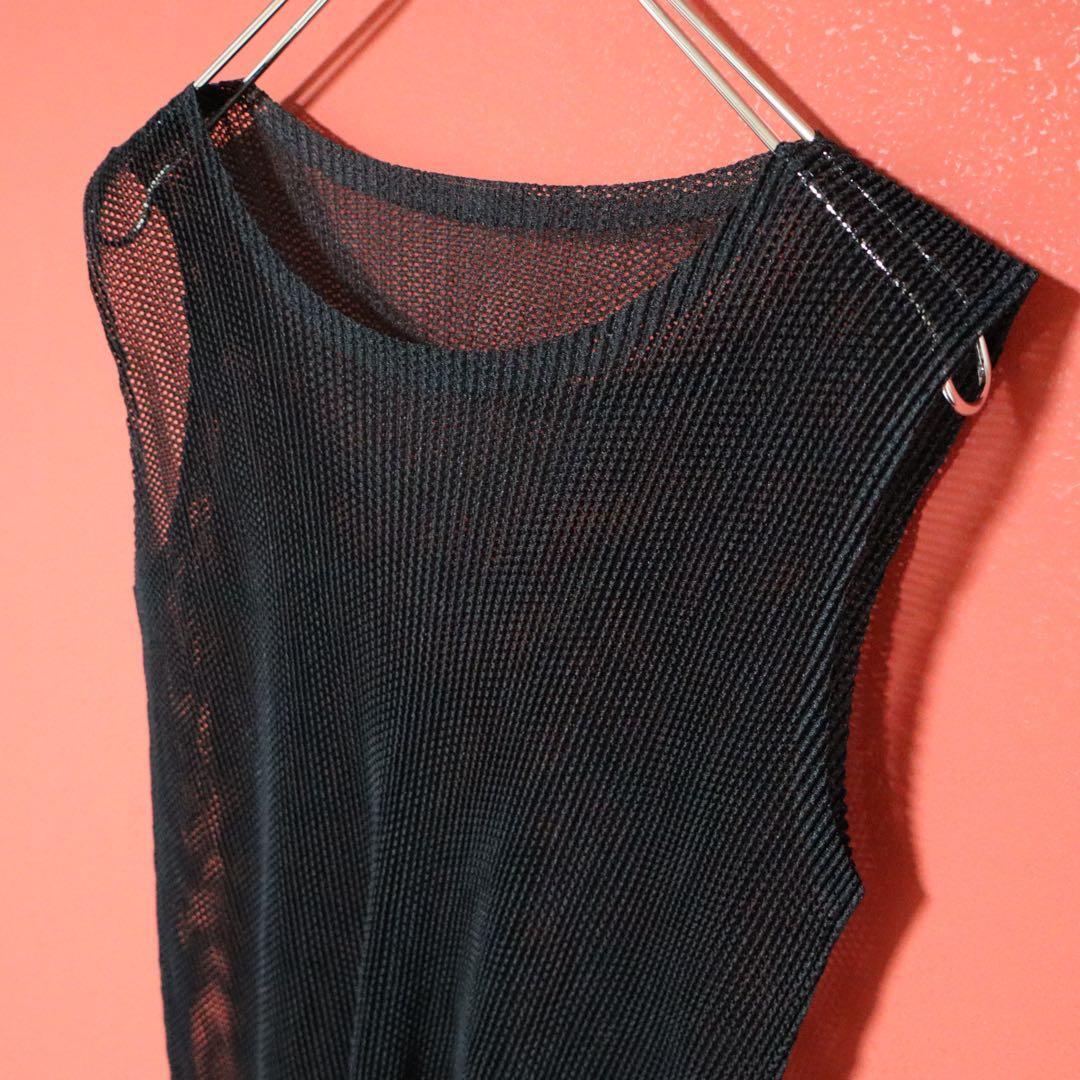 PLEATS PLEASE Black Sheer Mesh Pleated Tank Top Size 3