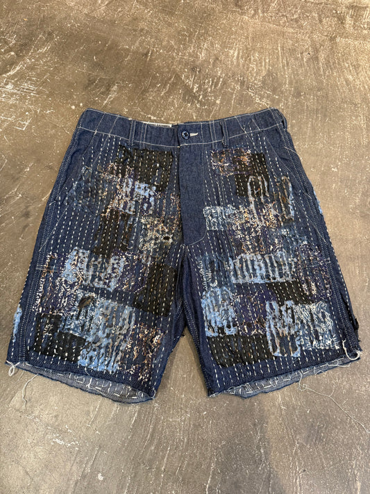 Vintage Indigo Cotton Sashiko Patch Shorts Size XS