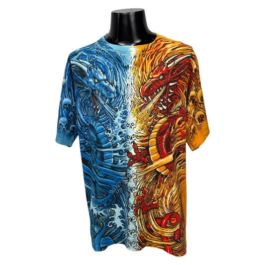 LIQUID BLUE 90s Fire & Ice Dragon Print T-Shirt Size L