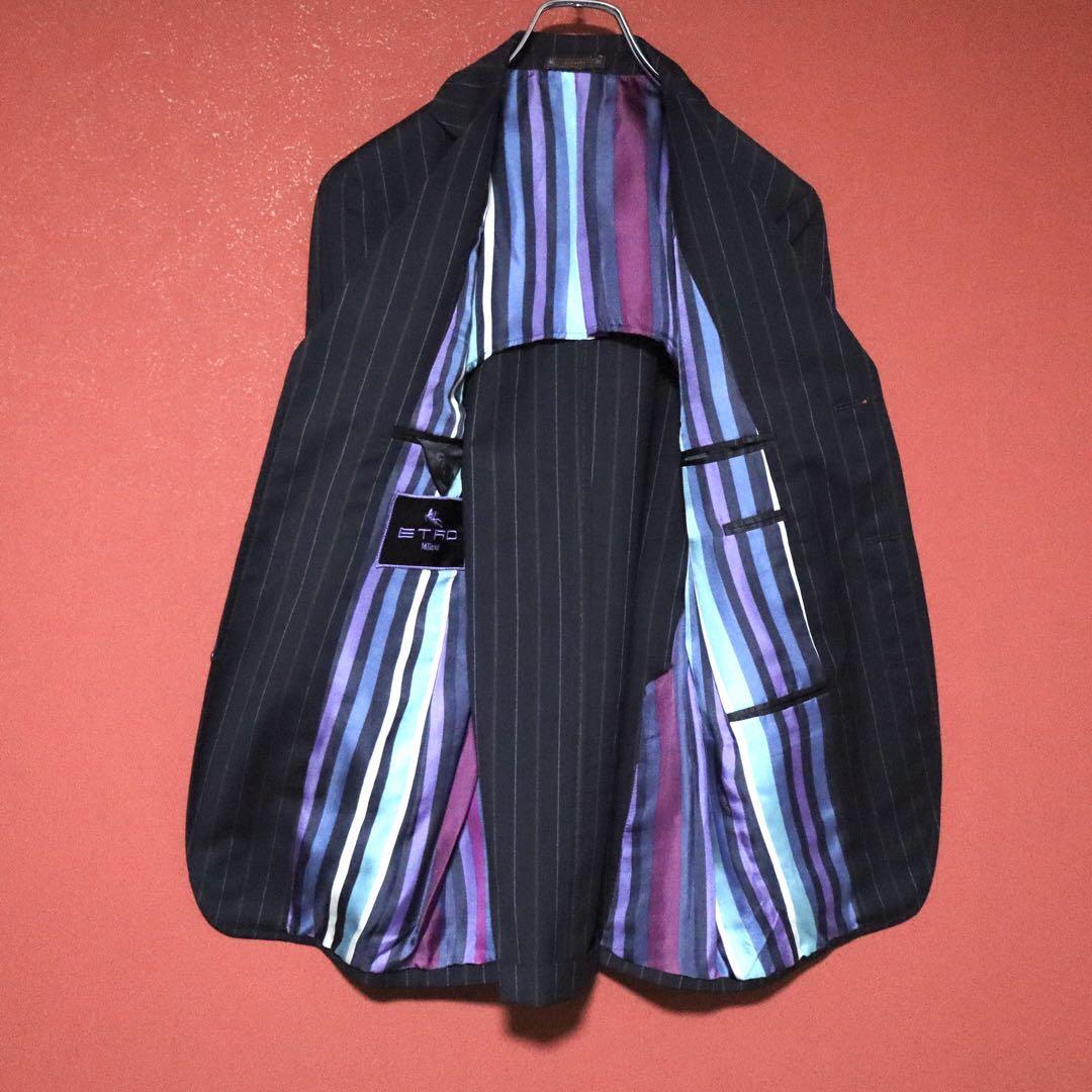 Etro Blue Multicolor Striped Lining Wool Silk Suit Size 44