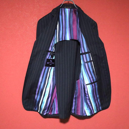 Etro Blue Multicolor Striped Lining Wool Silk Suit Size 44