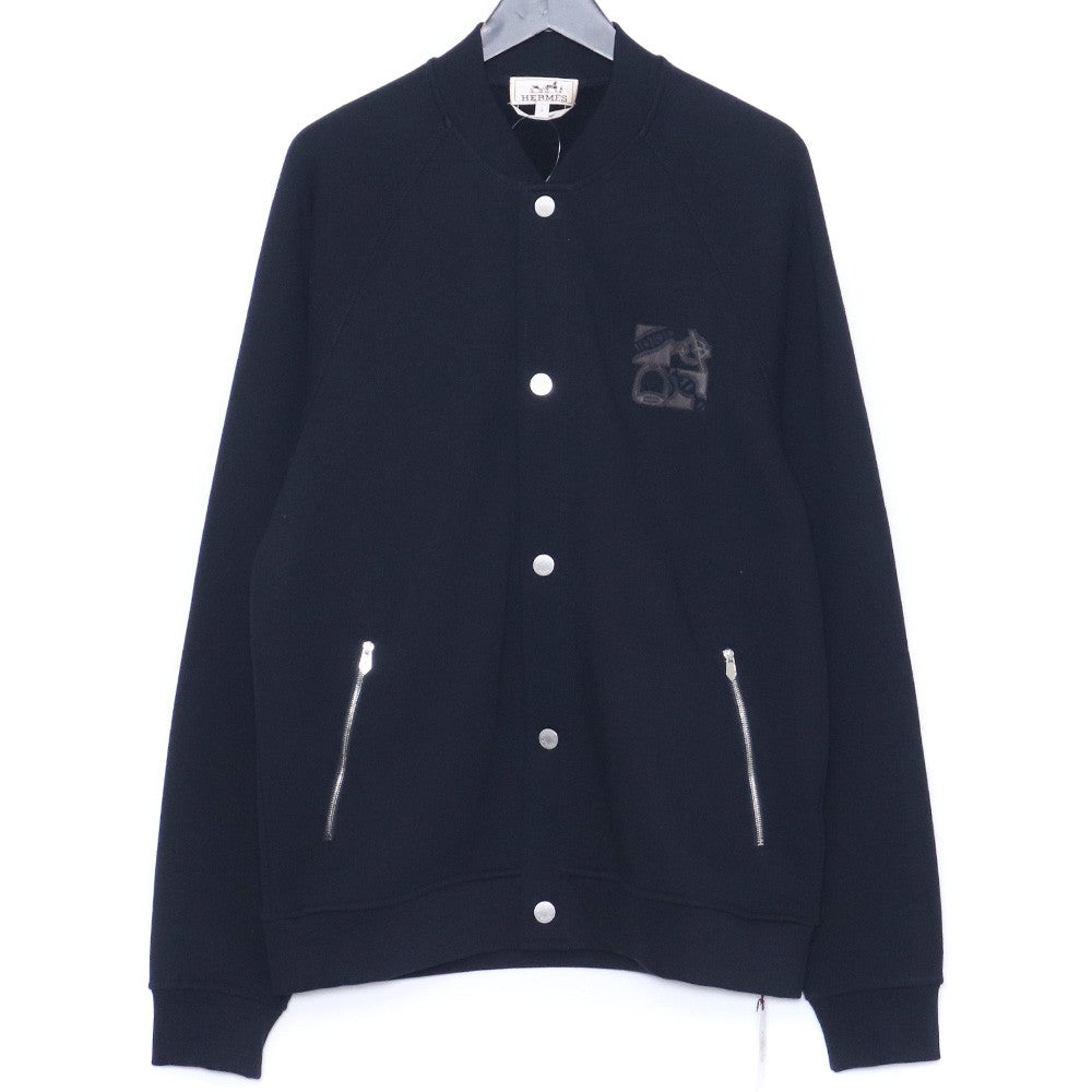 HERMES Teddy Blouson Leather Patch Jacket Navy Size L