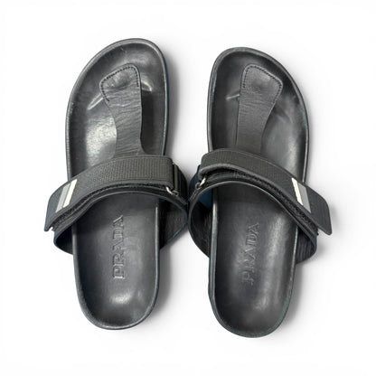 PRADA Leather Rubber Logo Thong Sandals Black