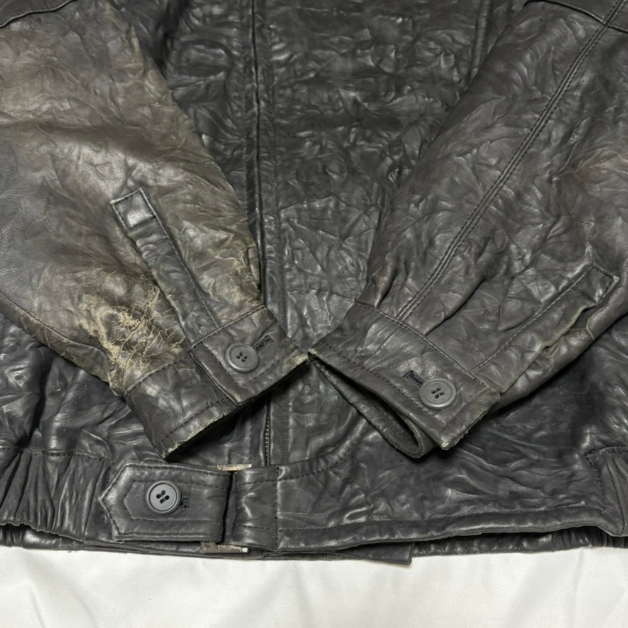 Black Wrinkled Diagonal Zip Leather Jacket Free Size