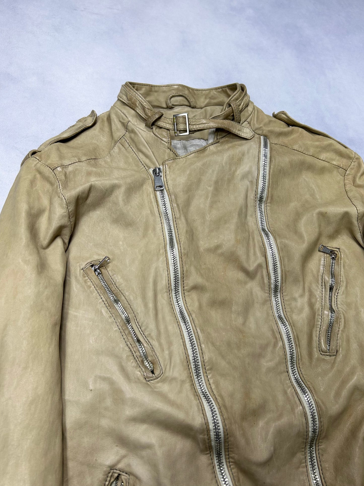 Giorgio Brato Beige Garment Dyed Biker Jacket Size 50