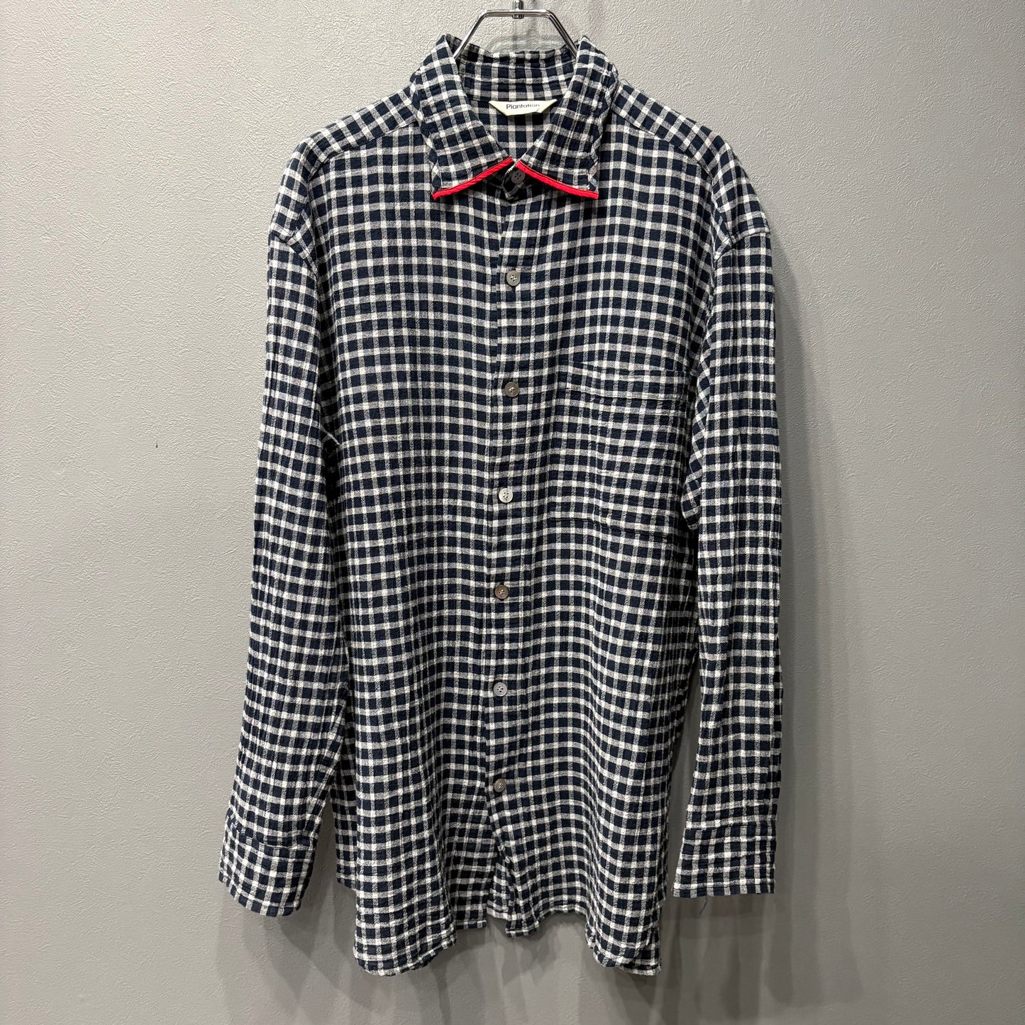 Plantation 95SS Navy Crinkled Plaid Shirt Size M