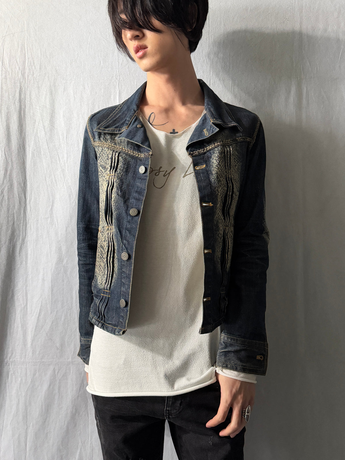 TORNADO MART Python Texture Flare Denim Jacket Size M