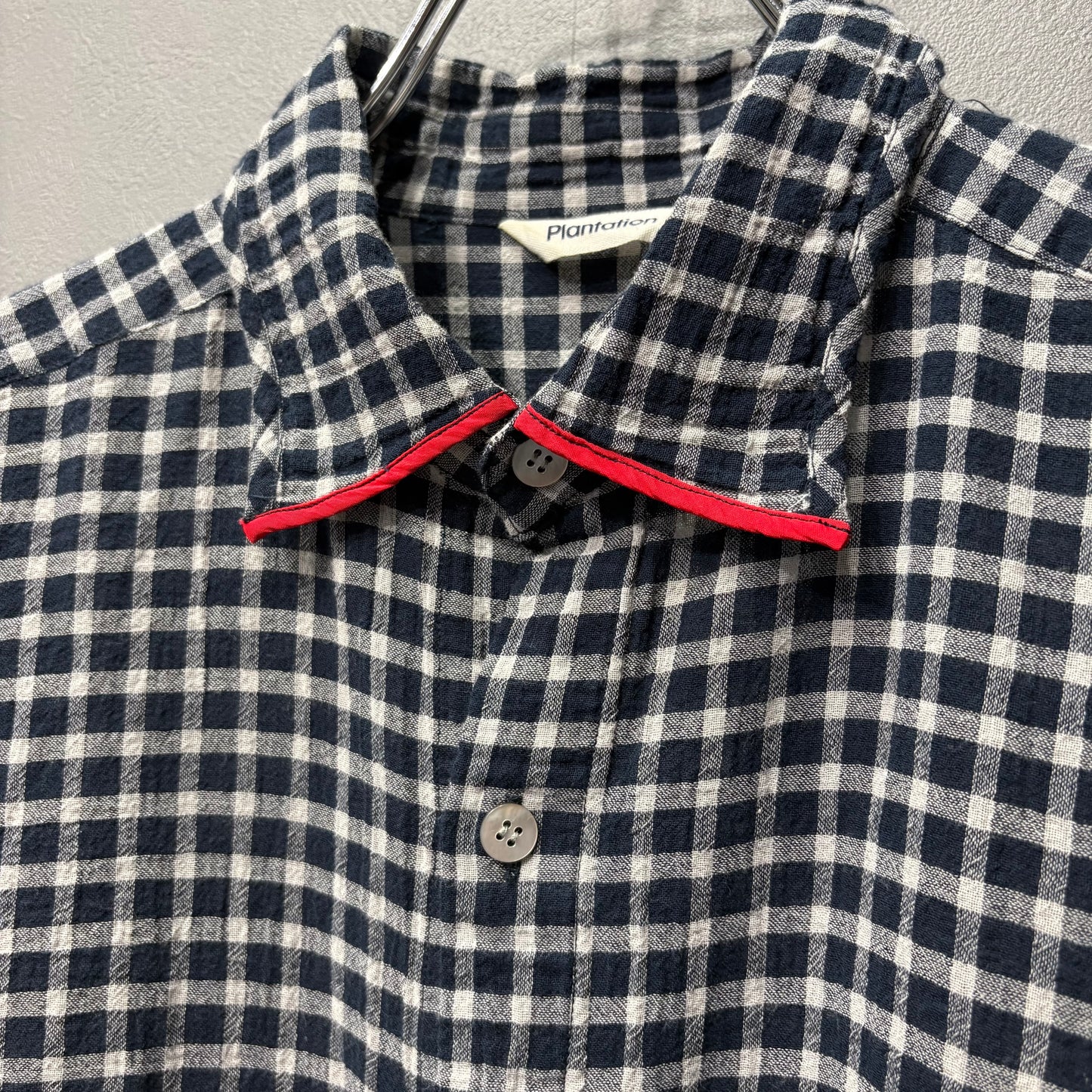 Plantation 95SS Navy Crinkled Plaid Shirt Size M