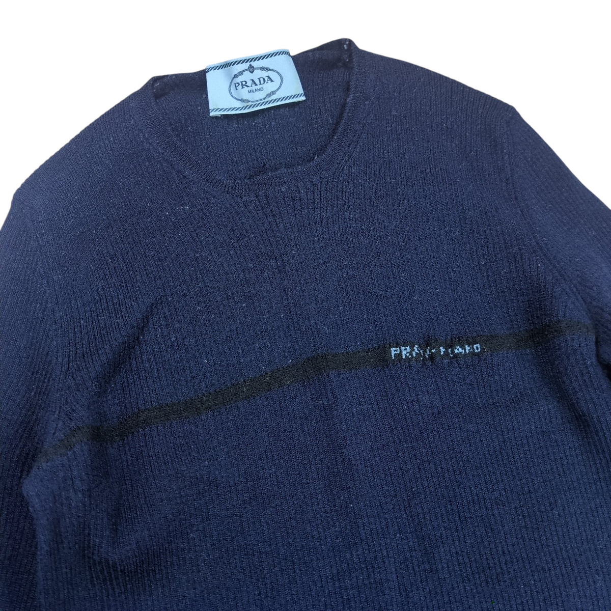 PRADA Navy Logo Line Crew Neck Wool Knit Size 40