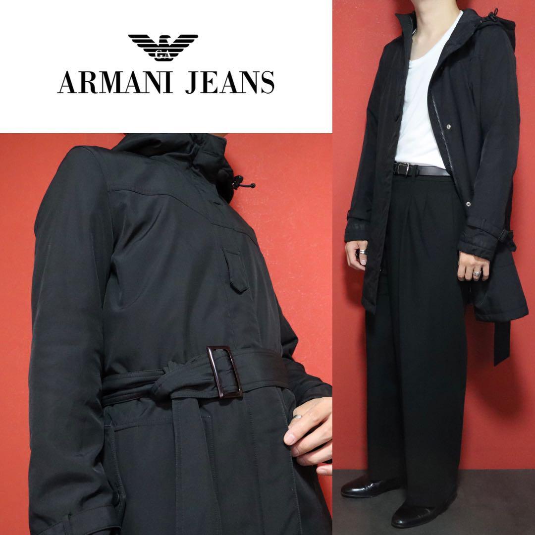 ARMANI JEANS Black Belted Hooded Padded Coat Size S