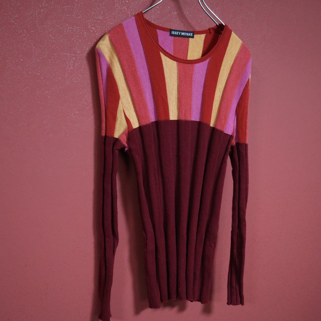 Issey Miyake Red Accent Stripe 3D Wool Knit Size 2