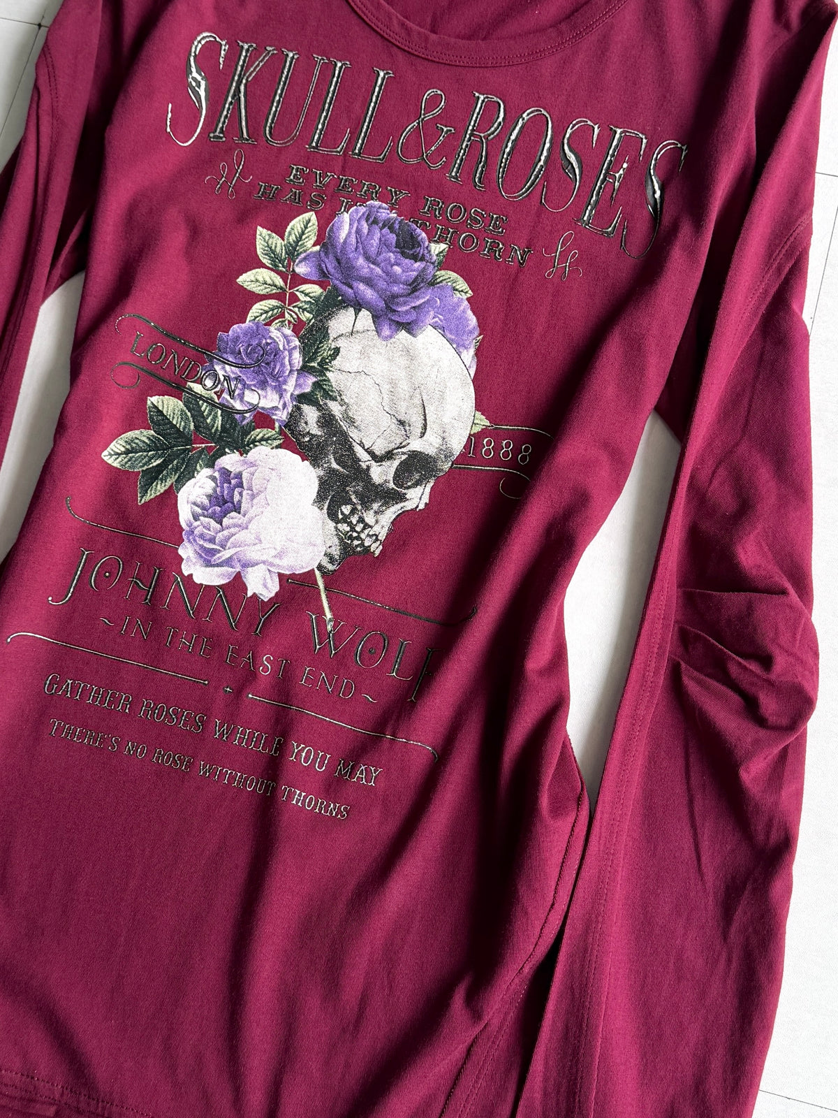 JHONNY WOLF Skull & Roses Graphic Long Sleeve Shirt Size 2