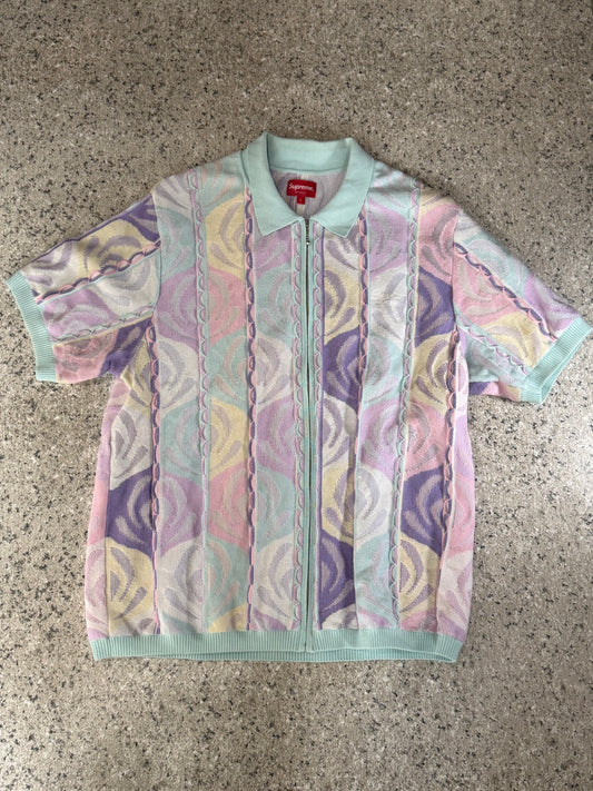 SUPREME Abstract Textured Zip Up Polo Pale Blue Size L