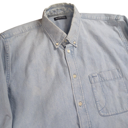 BALENCIAGA Logo Printed Washed Denim Shirt Blue Size 32