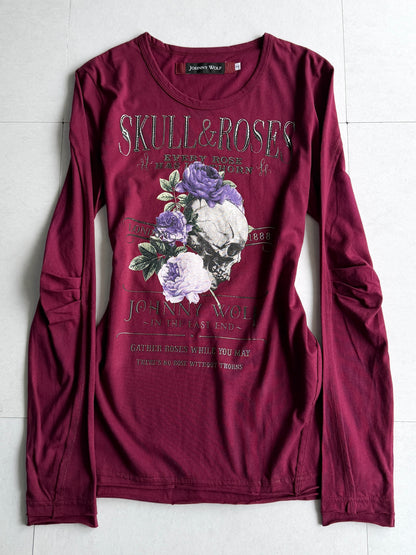 JHONNY WOLF Skull & Roses Graphic Long Sleeve Shirt Size 2