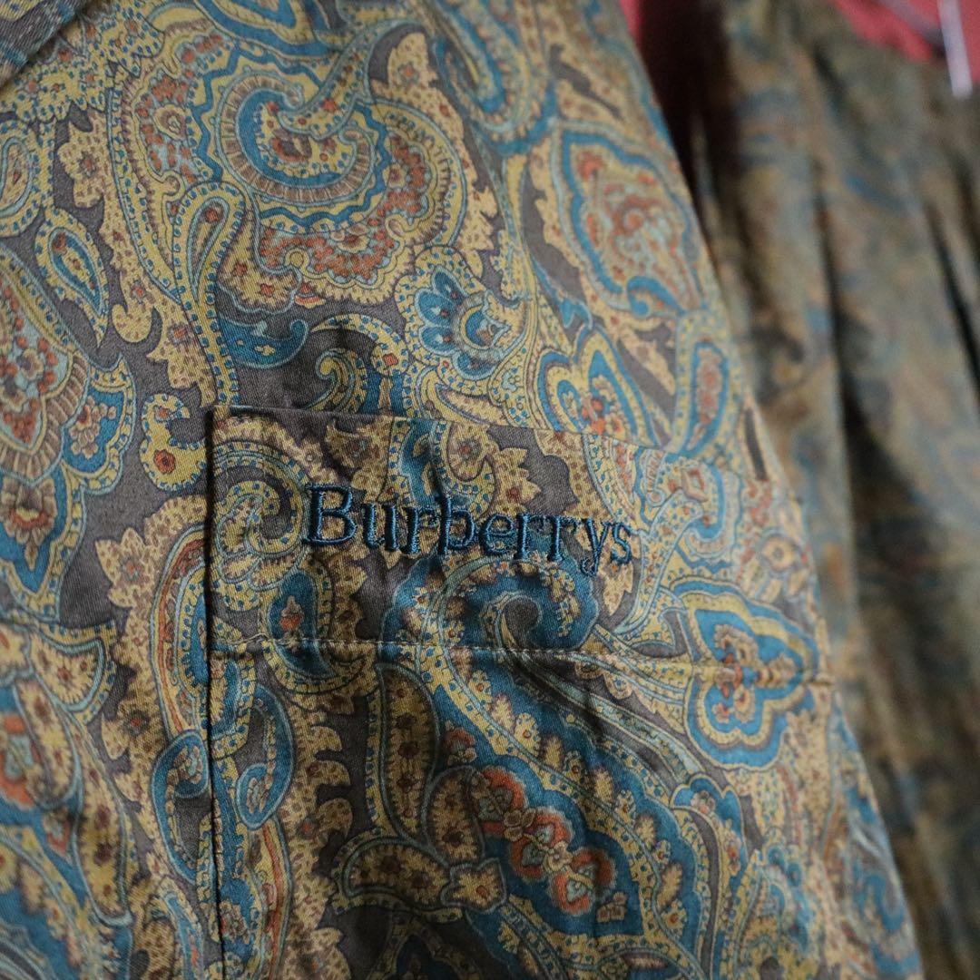 Burberrys 90s Green Paisley Open Collar Shirt Size M