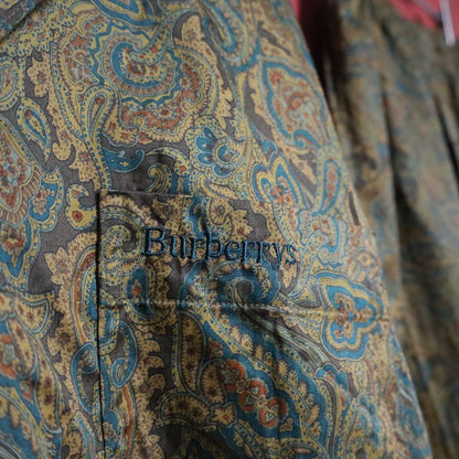 Burberrys 90s Green Paisley Open Collar Shirt Size M
