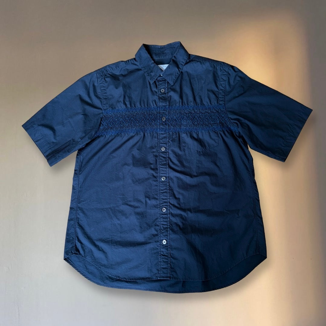 sacai SS18 Cotton Smocked Short-Sleeve Shirt Navy Size L