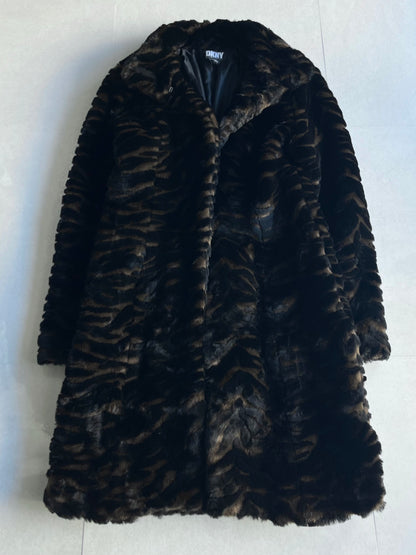 DKNY Fur Long Wool Blend Coat Multi Size S