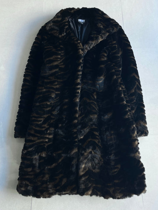 DKNY Fur Long Wool Blend Coat Multi Size S