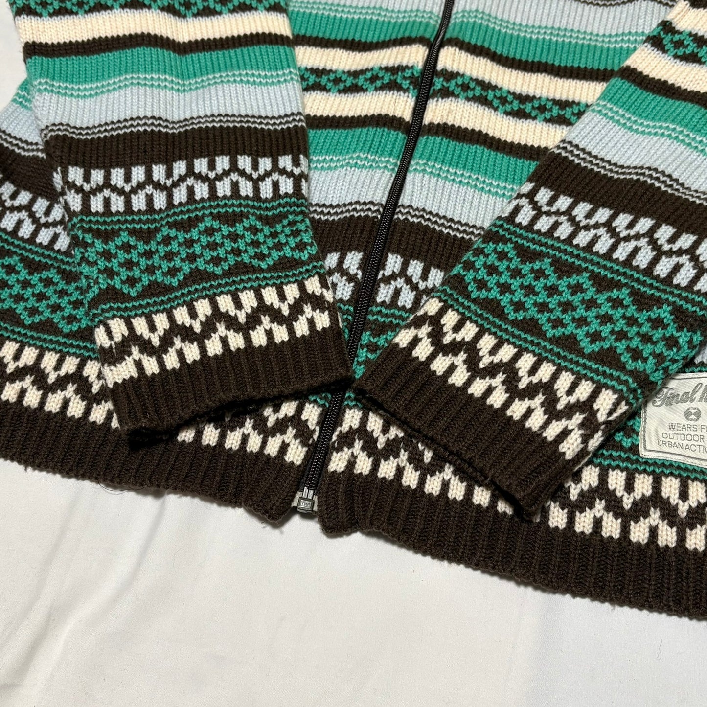 Final Home Brown Green Fair Isle Full Knit Sweater Size S
