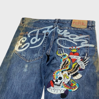 Ed Hardy 00s Y2K Embroidery Denim Pants Size W36×L34