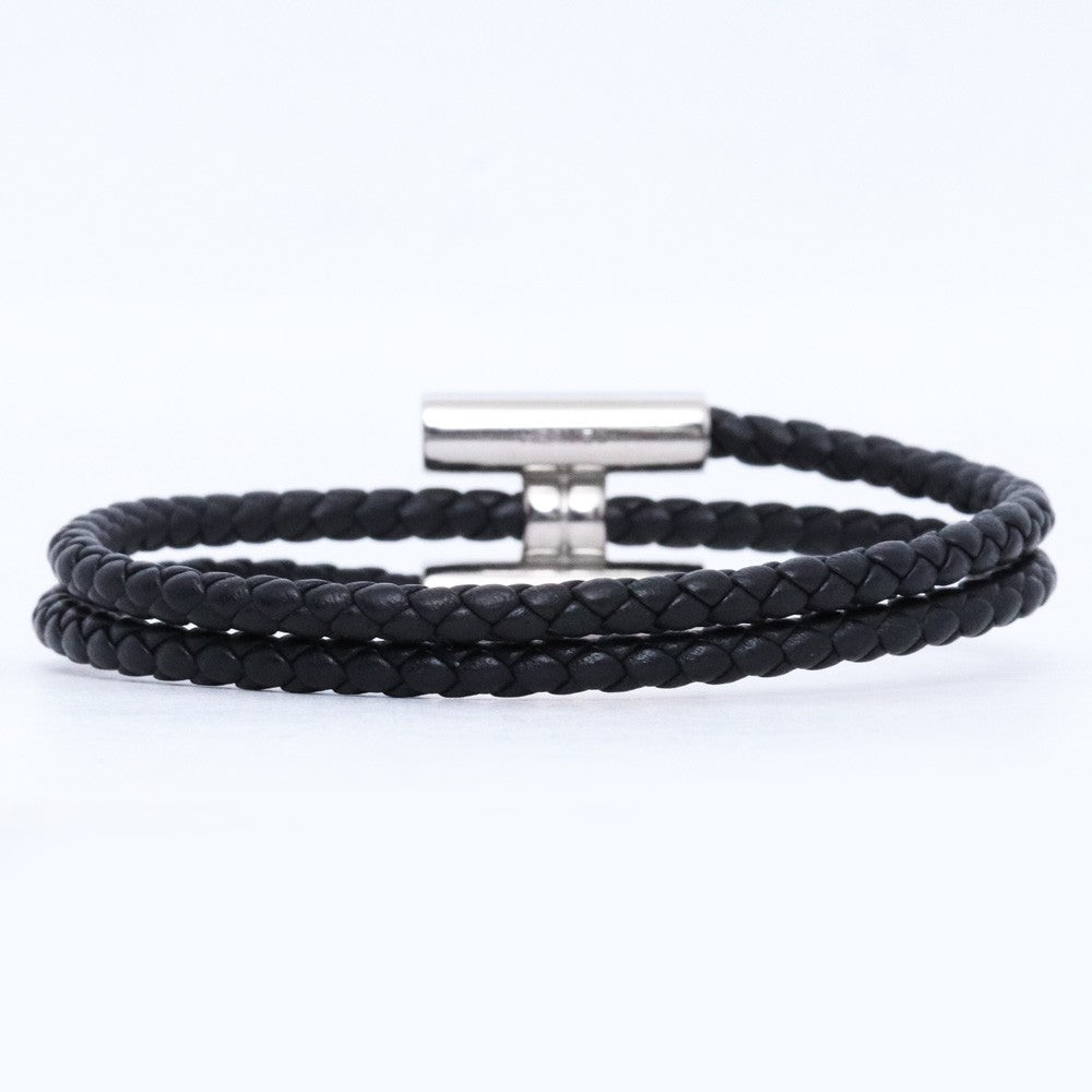 HERMES Tournis Tresse Leather Bracelet Black Size F