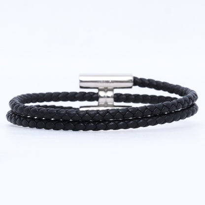 HERMES Tournis Tresse Leather Bracelet Black Size F