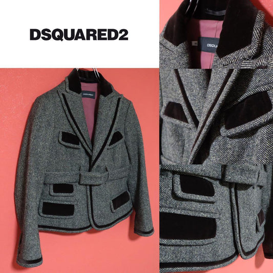 Dsquared2 Gray Herringbone Tweed Velour-Trim Cropped Size XS