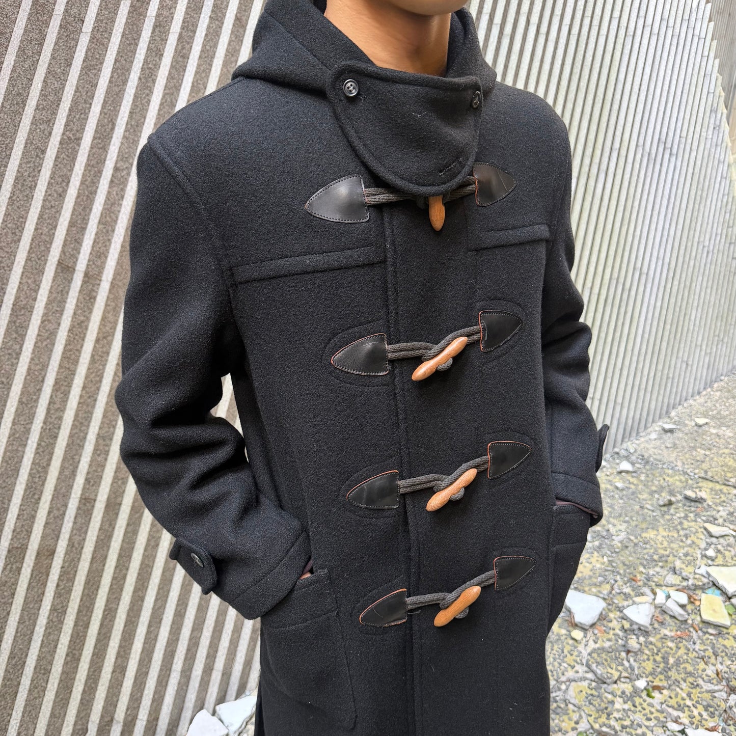 VAN Black Hooded 100% Wool Duffle Coat
